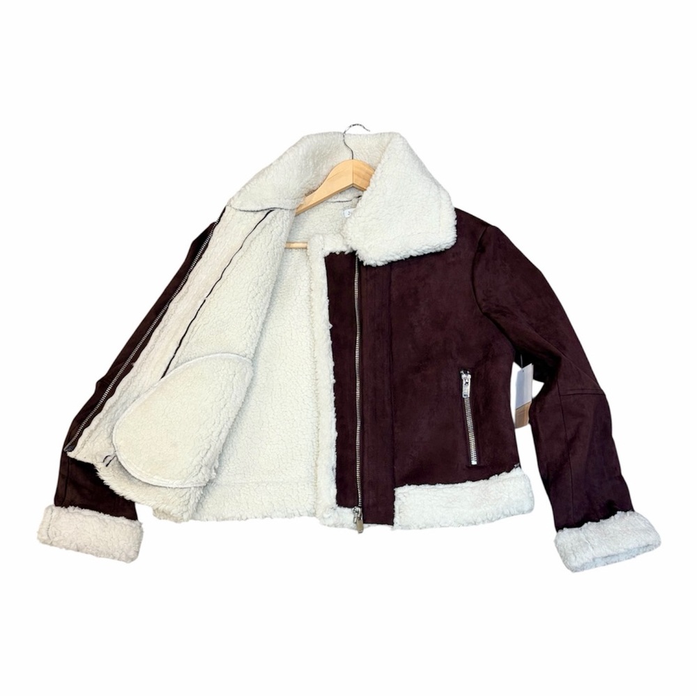 NEW JustFab Dark Brown Faux Suede Moto Sherpa Lined Aviator Jacket Size Medium - Picture 5 of 10
